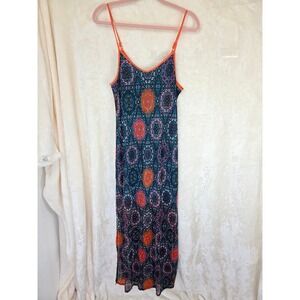 Fire Los Angeles Boho Geometric Print Maxi Dress Blue Orange XL